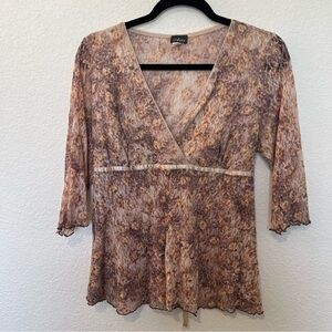 Vintage 90s Y2K Brown Floral Lace V Neck 3/4 Sleeve Back tie Top- Large